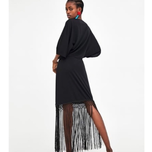 NWOT ZARA BLOGGER FAV MIDI DRESS W ASYMMETRICAL FRINGE & KIMONO SLEEVES Sz: S - Picture 4 of 16